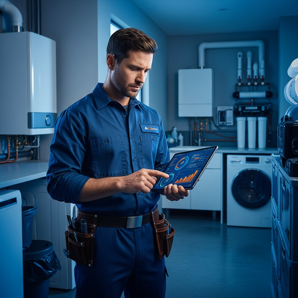 Professional plumber looking concerned at tablet analytics
